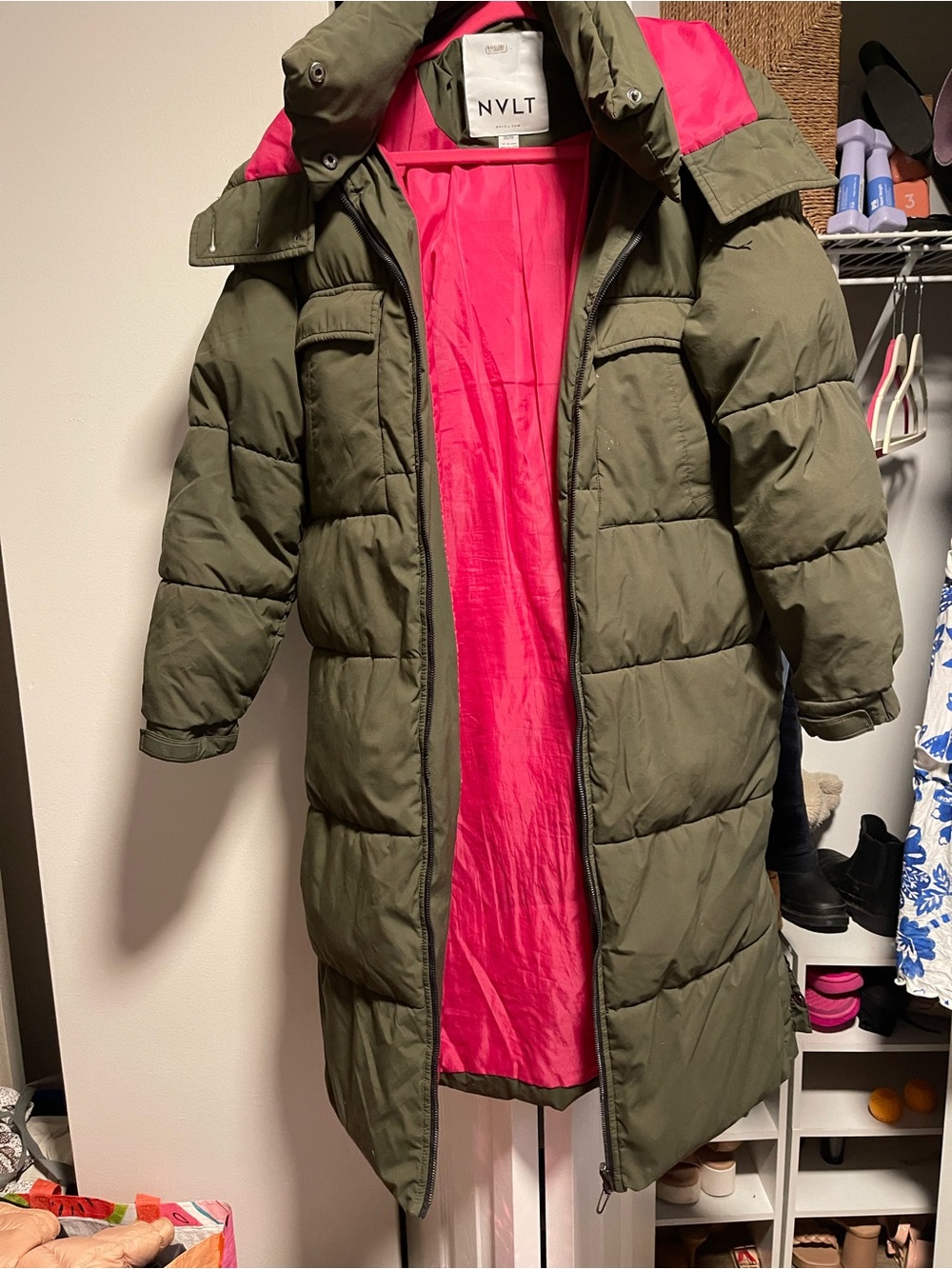 NVLT Olive Green Puffer Coat with Bright Pink Lining